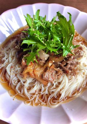 豚キムチと茄子のそうめん-レシピのメイン写真