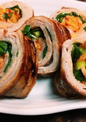 ニラとキムチの豚バラロールステーキ-レシピのメイン写真