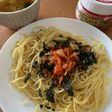 本技おいしいキムチで納豆パスタ