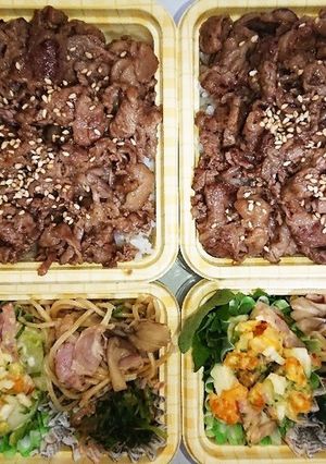 【夫婦弁当61】焼肉丼とキノコパスタ-レシピのメイン写真