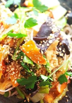 彩り野菜と蕎麦のペペロンチーノ-レシピのメイン写真