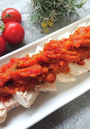蒸し鶏にカボチャトマトケチャコンソメだれ-レシピのメイン写真