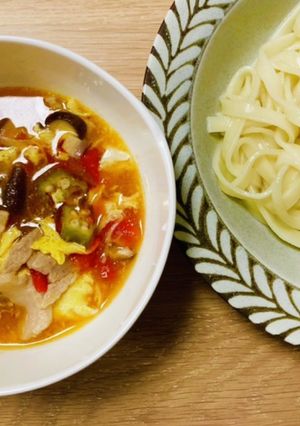 夏野菜と昆布茶で♬トマたま酸辣湯つけ麺-レシピのメイン写真