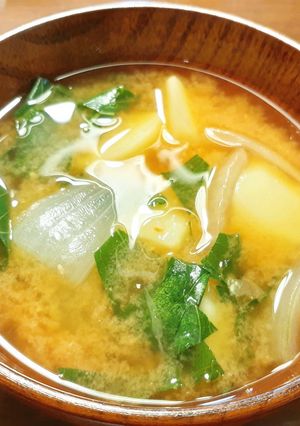 明日葉、じゃがいも、玉葱のお味噌汁-レシピのメイン写真