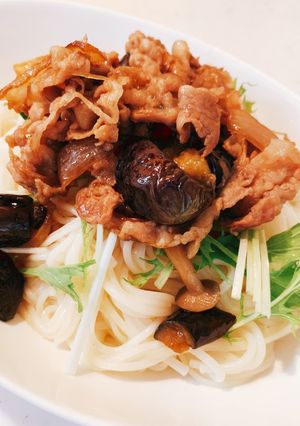 甘辛茄子と豚バラとしめじのそうめん-レシピのメイン写真