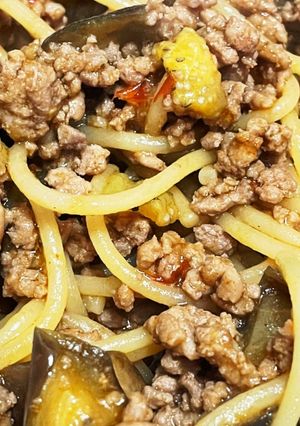 ワンパン☆麻婆茄子風パスタ-レシピのメイン写真