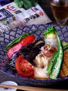 茹で鶏と揚げ浸し野菜の素麺-レシピのメイン写真