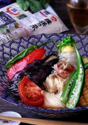 茹で鶏と揚げ浸し野菜の素麺-レシピのメイン写真