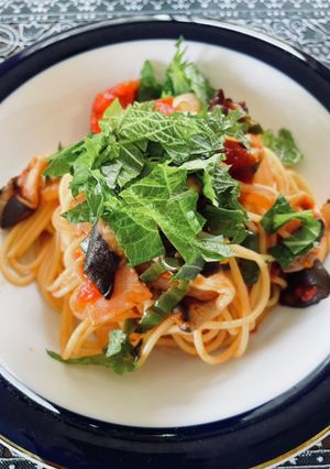 ひらたけとベーコンのトマトパスタ-レシピのメイン写真