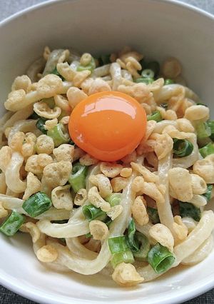 めんつゆマヨうどんにネギ天かす黄身のせ-レシピのメイン写真
