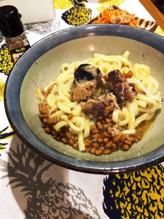サバ納豆釜玉うどん(リュウジさんレシピ)-レシピのメイン写真
