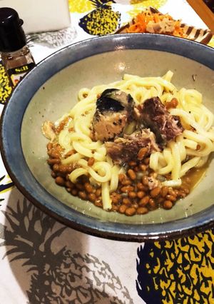 サバ納豆釜玉うどん（リュウジさんレシピ）-レシピのメイン写真