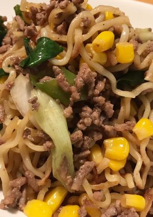 わけぎとコーンと挽肉の醤油焼きそば-レシピのメイン写真