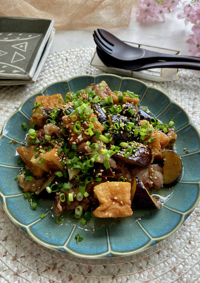 なすと豚薄切り肉　厚揚げのポンラー炒め-レシピのメイン写真