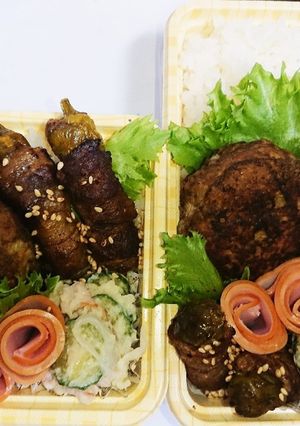 【夫婦弁当82】ハンバーグとししとう肉巻-レシピのメイン写真