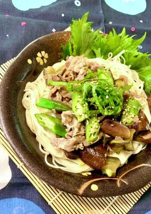 豚肉となすとオクラのスタミナそうめん♬-レシピのメイン写真