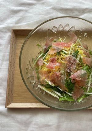 糖質ゼロ麺で水菜と生ハムの冷製パスタ-レシピのメイン写真
