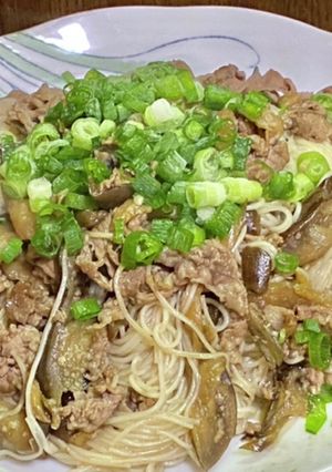 焼肉のタレで茄子と牛肉の素麺チャンプルー-レシピのメイン写真