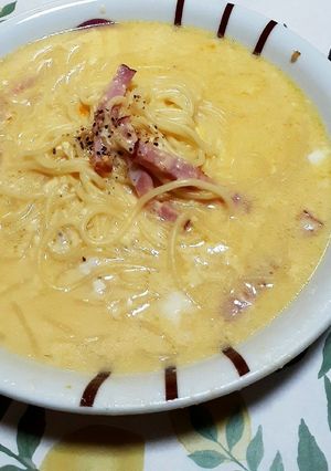 糖質0麺で我慢をせずにス-プカルボナーラ-レシピのメイン写真