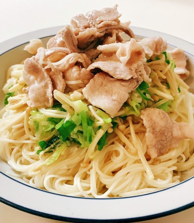 豚バラ・エノキ・ねぎ塩そうめん♪-レシピのメイン写真
