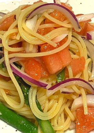 マカ入りアスパラガスとトマトの冷製パスタ-レシピのメイン写真