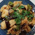 鶏むね肉となすとピーマンの甘辛酢炒め♪