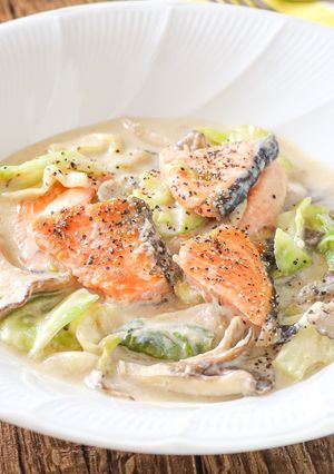鮭と春キャベツときのこの豆乳クリーム煮-レシピのメイン写真