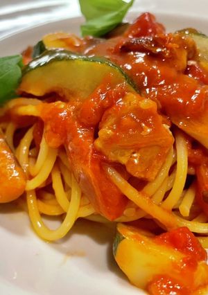 パンチェッタと夏野菜のトマトパスタ-レシピのメイン写真