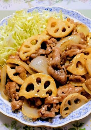 節約簡単夕飯主菜！豚こまとれんこんの生姜焼き弁当-レシピのメイン写真