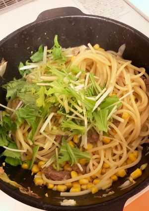 十勝牛コンビーフとコーンと水菜のパスタ-レシピのメイン写真