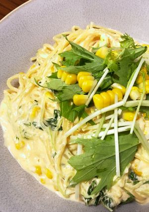 水菜とコーンの彩りパスタ(生クリーム消費-レシピのメイン写真