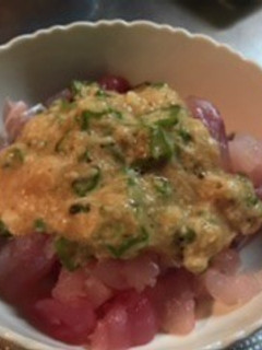 マグロの刺身の長芋オクラ乗せ-レシピのメイン写真