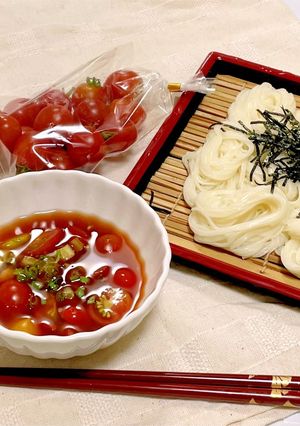 麺つゆと混ぜるだけトマトジュースでお素麺-レシピのメイン写真