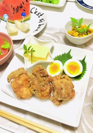 唐揚げメインの夕飯メニュー・ヘルシーご飯-レシピのメイン写真