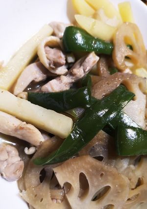 ピーマンじゃがいも鶏モモレンコン和風炒め-レシピのメイン写真