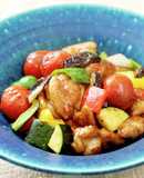 鶏肉と夏野菜の柚子唐甘酢炒め