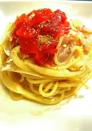 カレーパスタ。福神漬けを添えて-レシピのメイン写真
