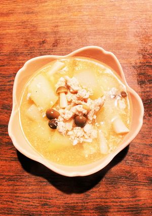 夕顔で鶏挽き肉と茸の餡掛け煮込み-レシピのメイン写真