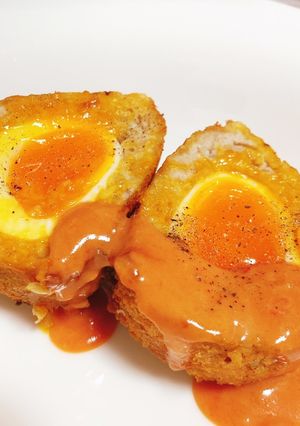 お豆腐ハンバーグで半熟スコッチエッグ-レシピのメイン写真