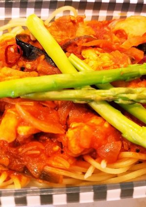 簡単!野菜とチキンの具沢山トマトパスタ-レシピのメイン写真