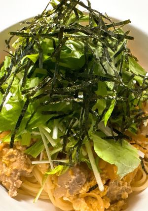 鶏肉と卵と水菜の和風親子パスタ-レシピのメイン写真