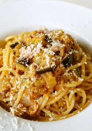 エビ香る!なすとツナのトマトソースパスタ-レシピのメイン写真