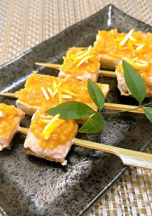 鮭と豆腐の串焼き♪柚子味噌がけ-レシピのメイン写真