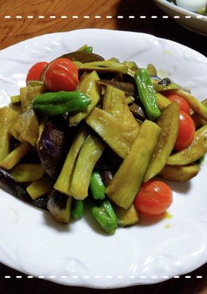 茄子としし唐とプチトマトのカレー炒め-レシピのメイン写真