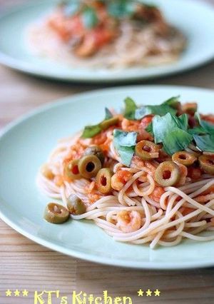 エビとグリーンオリーブのトマトスパゲティ-レシピのメイン写真