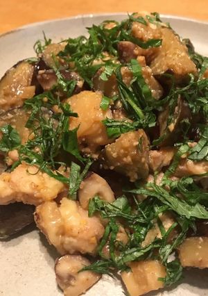 ナスときのこと鶏肉の胡麻味噌炒め＆スープ-レシピのメイン写真