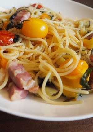 カルディのベーコンとトマトとナスのパスタ-レシピのメイン写真