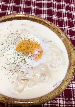 レンコンとベーコンの温玉クリームスープ-レシピのメイン写真