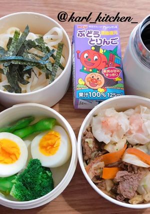 簡単うどん弁当野菜炒め温野菜サラダ付き-レシピのメイン写真