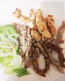 ささみと豚ロース薄切り肉の揚げ焼き